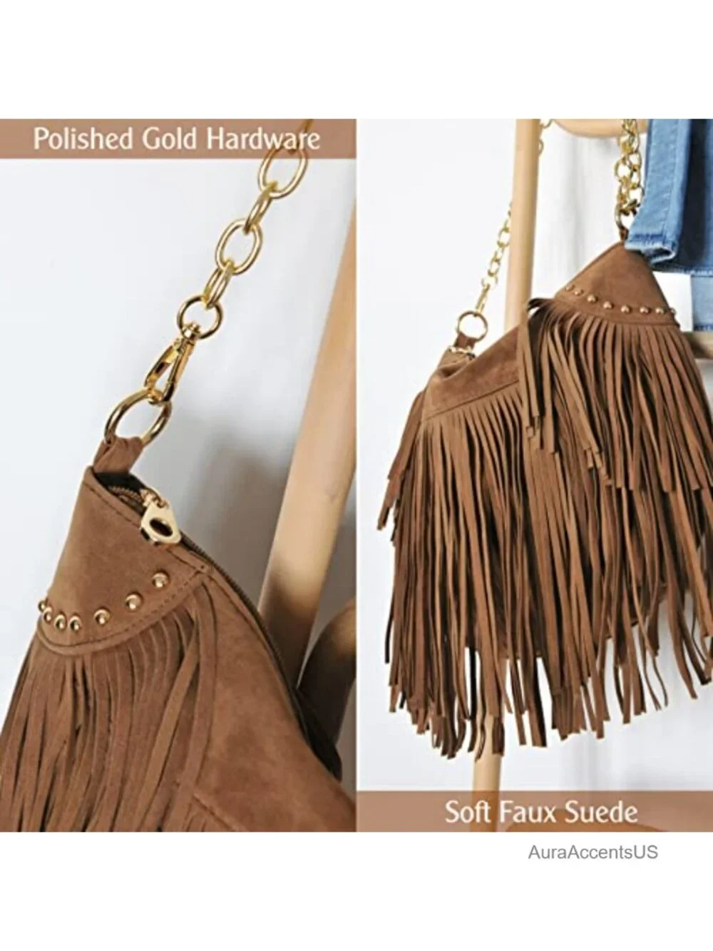 Studded Tassel Faux Suede Leather Hobo Cross Body Chain Shoulder Bag Women's